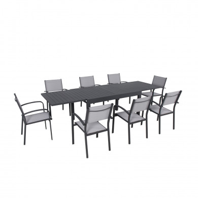 Table de jardin extensible en aluminium 270cm  + 8 fauteuils empilables textilène anthracite gris - MILO 8
