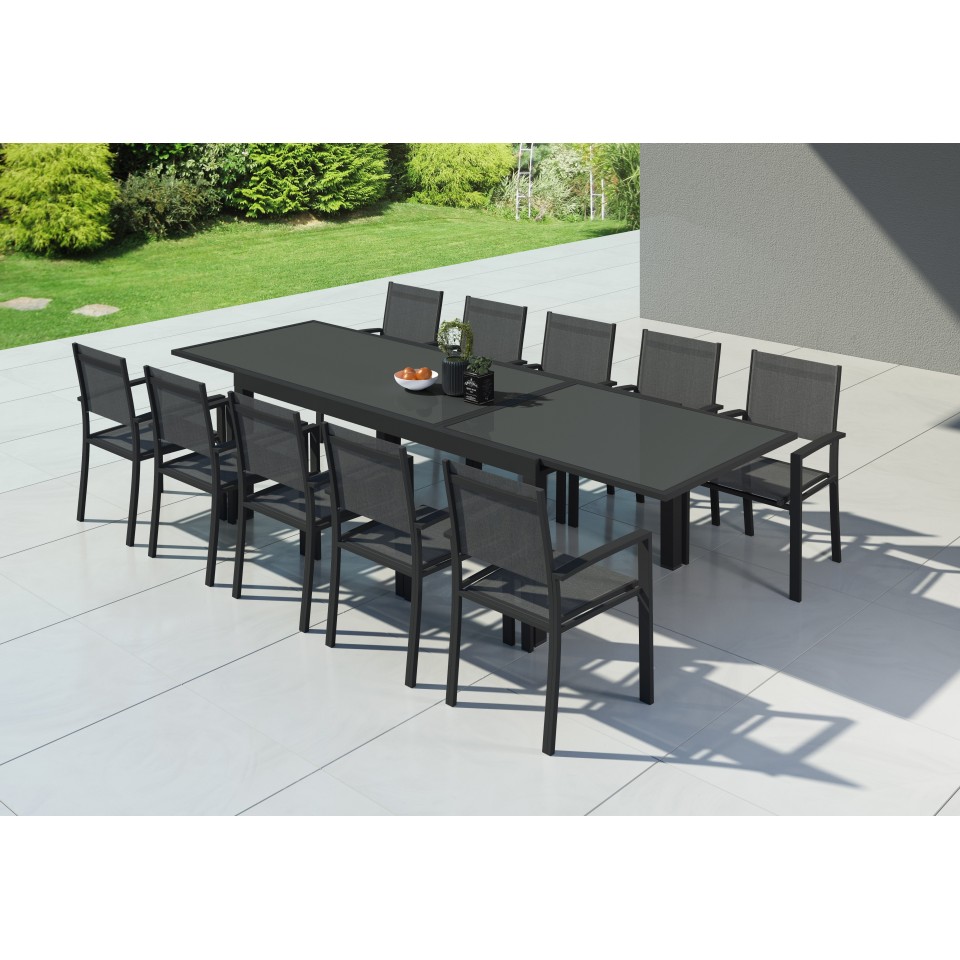 Table de jardin extensible aluminium 200/320cm + 10 fauteuils textilène